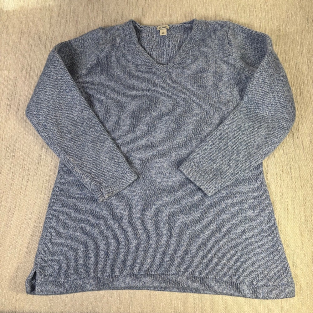 LL Bean Womens V-Neck Sweater Light Blue Marled Knit Pullover Size Large Regular